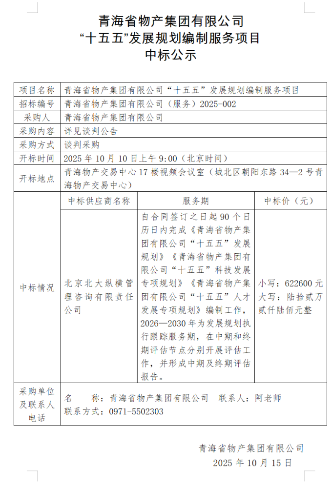 青海省物產集團有限公司 “十五五”發展規劃編制服務項目 中標公示
