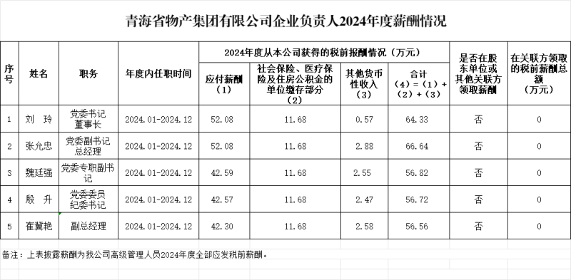 青海省物產(chǎn)集團有限公司企業(yè)負責人2024年度薪酬情況及第五任期(2022-2024)激勵收人情況